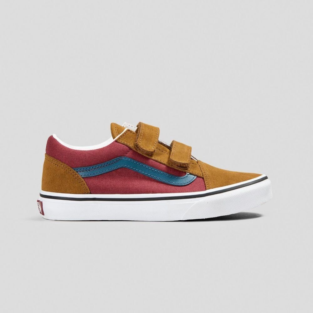 Kids VANS Old Skool V shoes in Brown and Red Velcro Sneakers